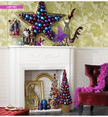 christmas mantel decorated with colorful glass ball ornaments